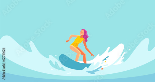 Vector illustration in flat style, summer horizontal banner with copy space for text, girl surfing on the wave on the ocean