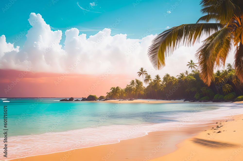 A Picturesque View of a Tropical Beach with Palm Trees. Generative AI.