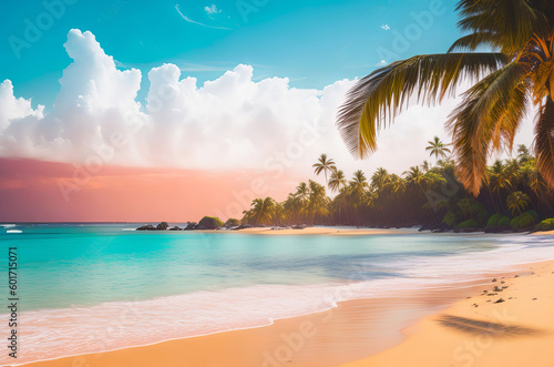 A Picturesque View of a Tropical Beach with Palm Trees. Generative AI.