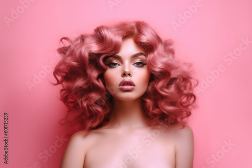 Portrait of a beautiful model with pink hair on a pink background. AI