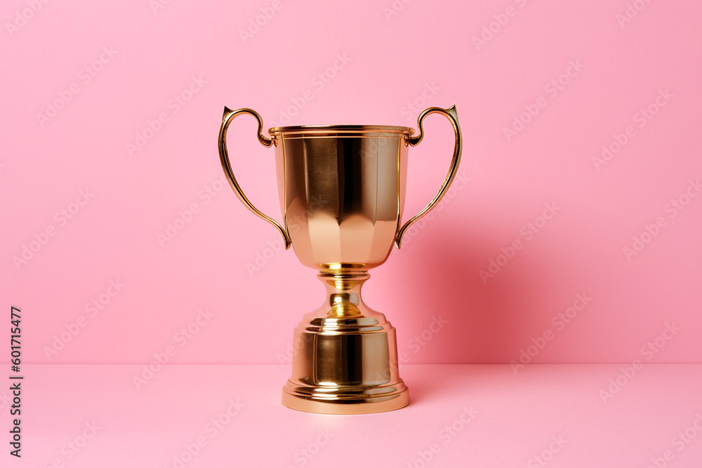 Winner or champion golden trophy cup on pink background. Victory first place, winning a competition, championship trophy. Minimal win and success concept, copy space for text. AI generated Winner or champion golden trophy cup on pink background. Victory first place, winning a competition, championship trophy. Minimal win and success concept, copy space for text. AI generated