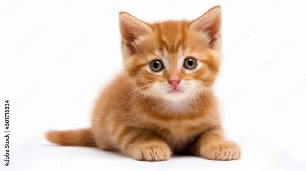 Small, red kitten on a white background. AI generated.