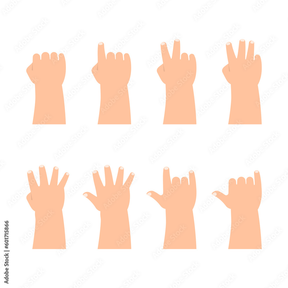 Hands of kids palms down counting number zero to five and posing hand signal set in flat design vector Hands of kids palms down counting number zero to five and posing hand signal set in flat design vector