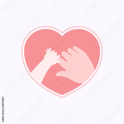 Small hand of baby holding index finger of big mother's hand  in pink heart shaped frame flat design vector © c_guoy