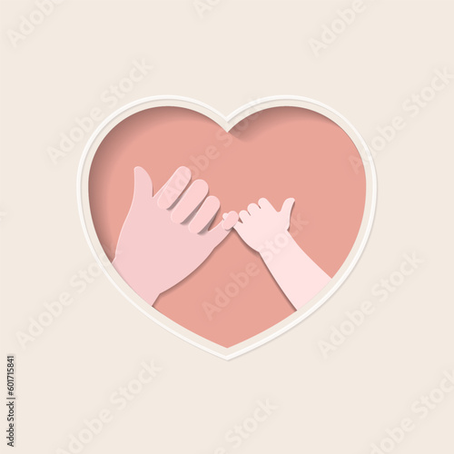 Big hand of mother and small hand of baby making a pinky promise in pink heart shaped frame paper cutting art vector