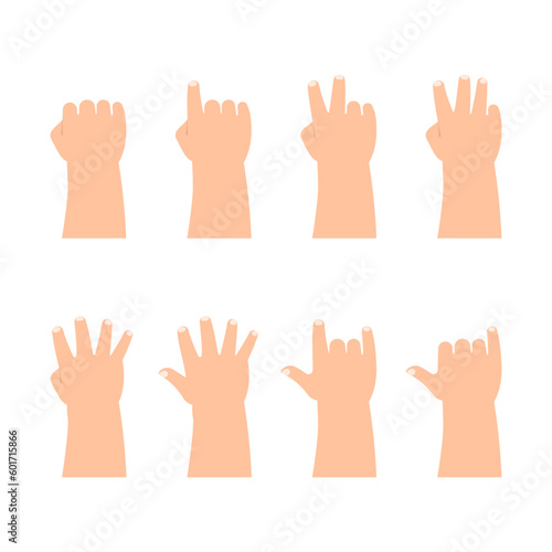Hands of kids palms down counting number zero to five and posing hand signal set in flat design vector
