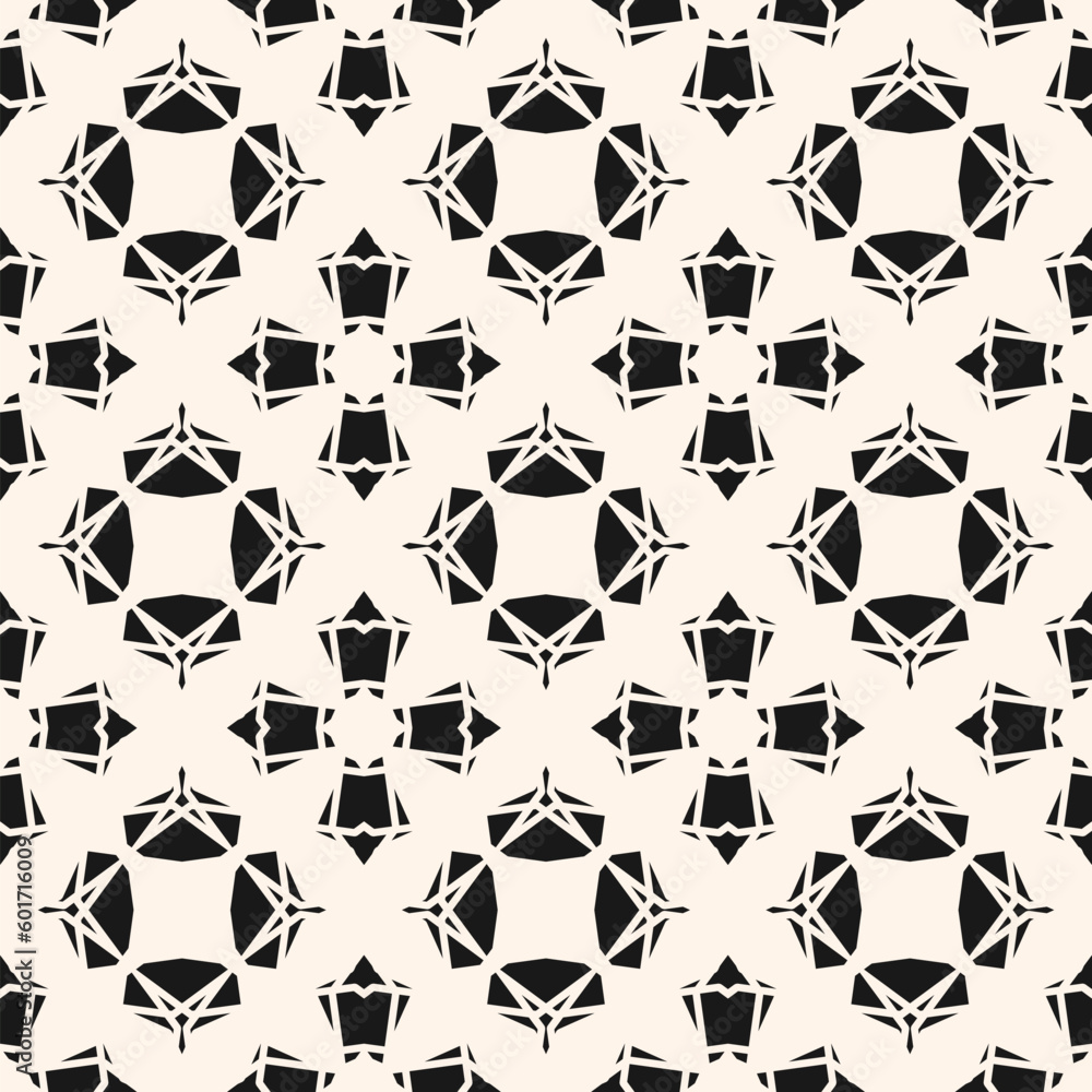 Abstract geometric floral ornament with gothic elements, flower silhouettes, grid, repeat tiles. Simple black and white texture. Vector seamless pattern. Elegant background. Repeated decorative design Abstract geometric floral ornament with gothic elements, flower silhouettes, grid, repeat tiles. Simple black and white texture. Vector seamless pattern. Elegant background. Repeated decorative design