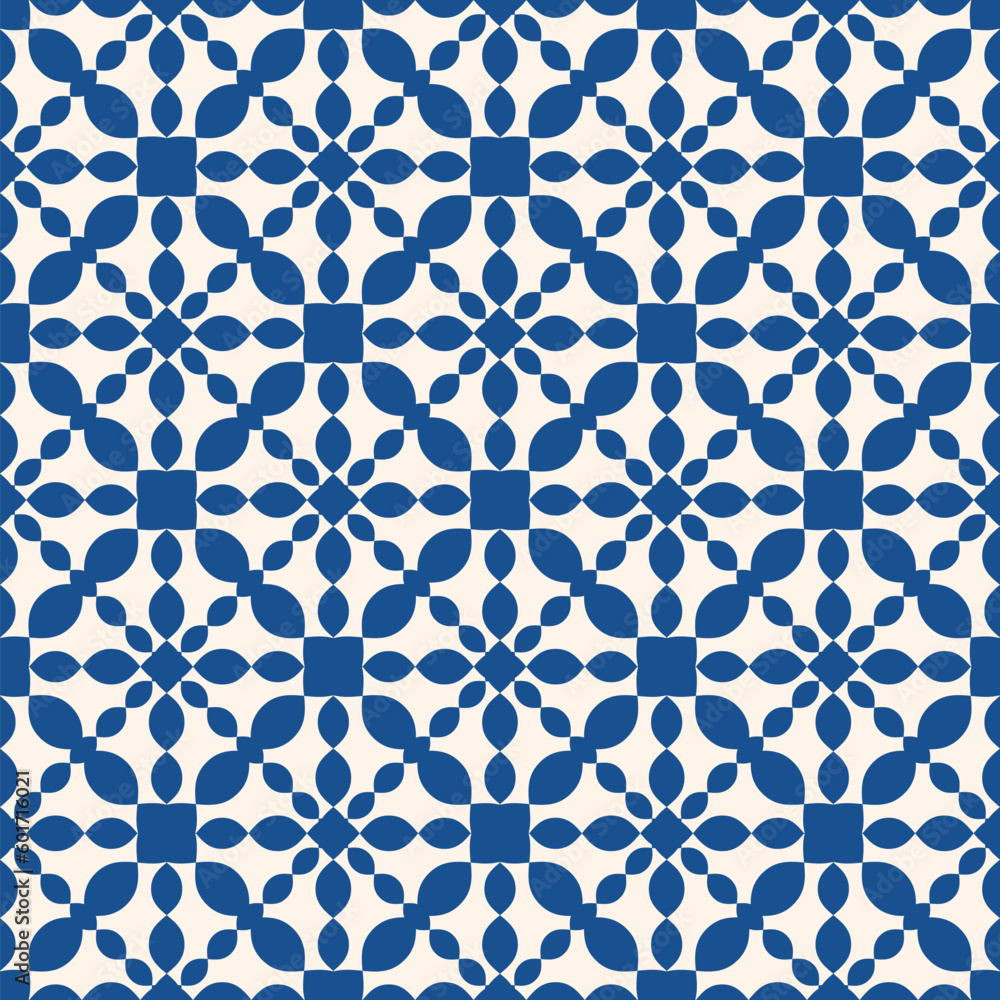Vector ornamental seamless pattern. Simple blue and white floral ornament with small curved shapes, grid, lattice, mesh, flower silhouettes, tiles. Elegant subtle background. Repeat decorative design Vector ornamental seamless pattern. Simple blue and white floral ornament with small curved shapes, grid, lattice, mesh, flower silhouettes, tiles. Elegant subtle background. Repeat decorative design