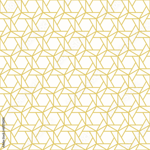 Vector abstract geometric seamless pattern. Thin golden line texture with hexagons, triangles, grid, lattice. White and yellow luxury ornament. Simple minimal background. Elegant repeated geo design