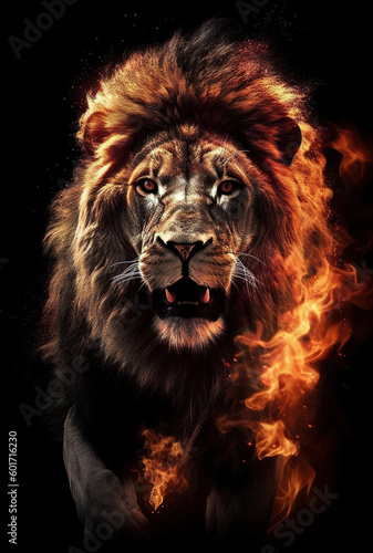 Image of an angry lion and flames. Wildlife Animals. Illustration. Generative AI