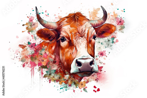 Image of a painting a cow head with colorful tropical flowers. Farm Animal. illustration. Generative AI.