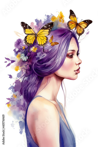 Beautiful girl with butterfly in her hair. Digital watercolor painting Generative AI photo