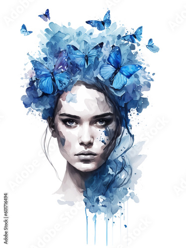 Beautiful girl with butterfly in her hair. Blue watercolor painting Generative AI