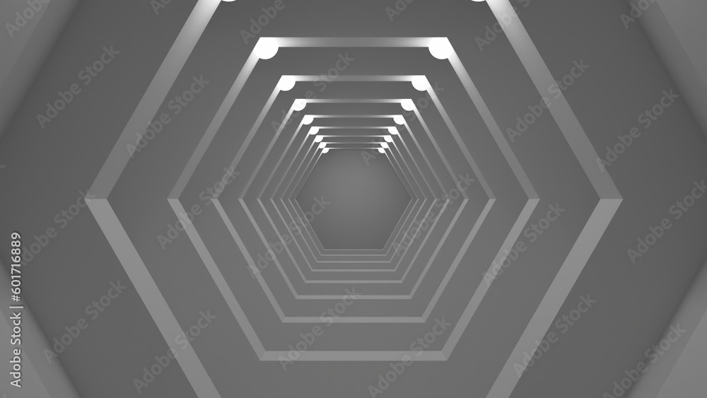Naklejka premium 3d illustration of white hexagonal tunnel with white light on top.