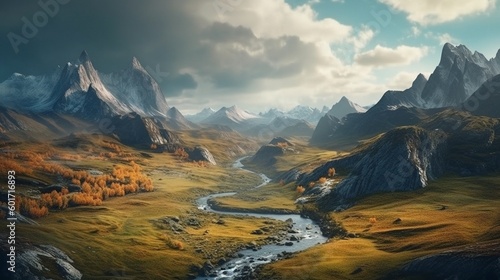 An epic fantasy illustration with an extensive view of the mountains and high-altitude plains in the spirit of classic fantasy Generative AI © NeuroSky
