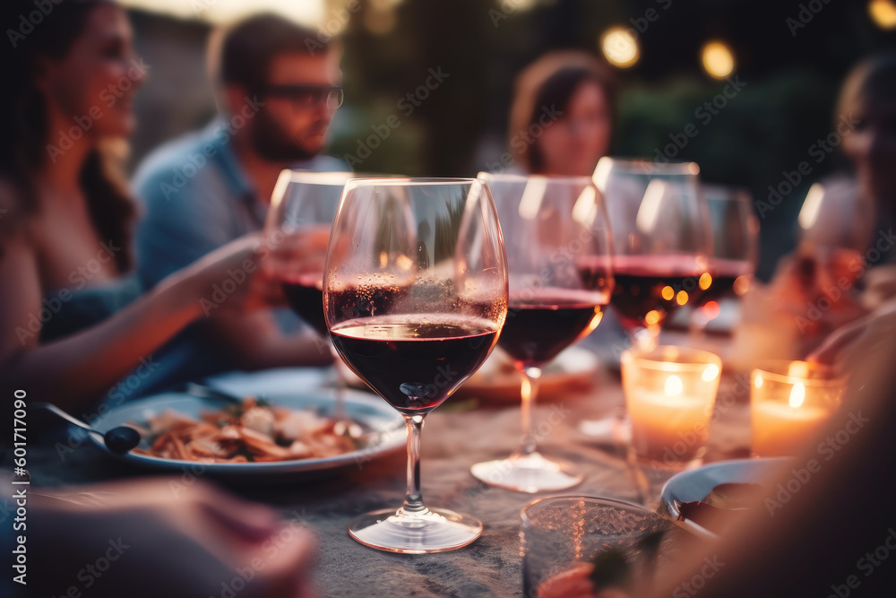 Happy family and friends dining and drinking red wine at the dinner party, Focus on wine glass Happy family and friends dining and drinking red wine at the dinner party, Focus on wine glass