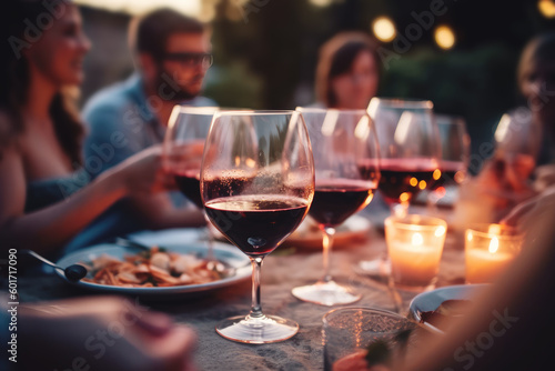 Happy family and friends dining and drinking red wine at the dinner party  Focus on wine glass