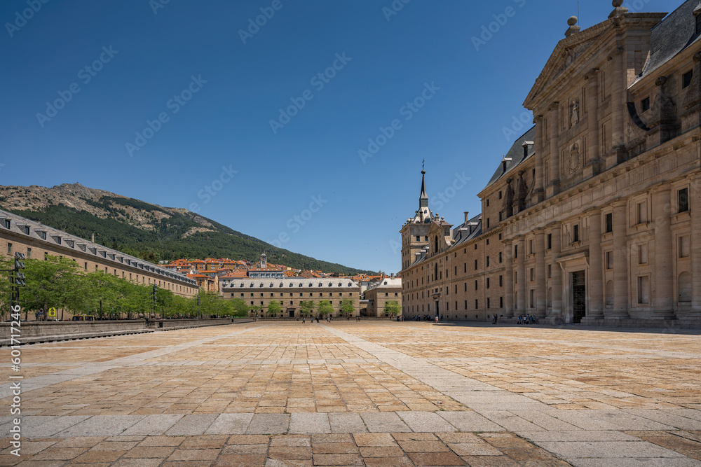 Royal site of San Lorenzo de El Escorial with view of city and Mount Abantos - San Lorenzo de El Escorial, Spain