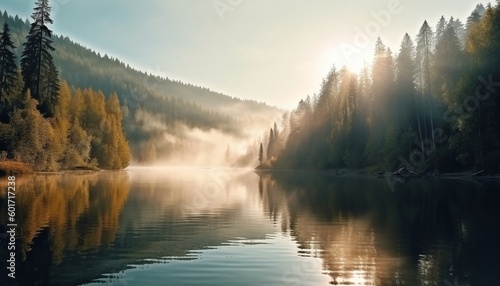 A beautiful forest lake with morning haze over the water in the rays of the morning sun. High quality illustration Generative AI