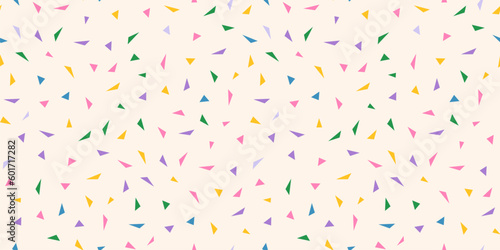 Vector abstract minimalist geometric texture with small colorful triangles, confetti, pink, blue, lilac, yellow, green. Funky modern seamless pattern. Simple cute minimal background. Repeat design