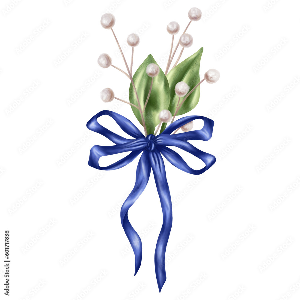 An elegant composition of leaves and dried decorative flowers tied with a blue silk ribbon. Digital illustration on a white background. For invitations, date saving, gratitude or greeting card
