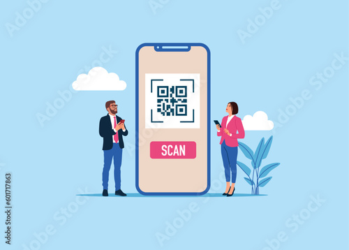 Scanning qr code on a screen smartphone for online payment, money transaction on mobile app service. Modern vector illustration in flat style