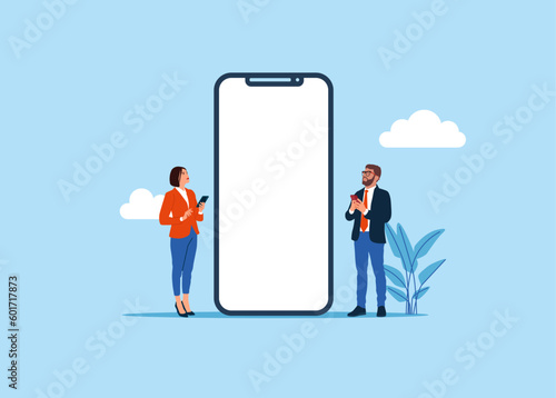 Business people using smartphone near big cell phone with blank screen, browsing internet. Flat vector illustration