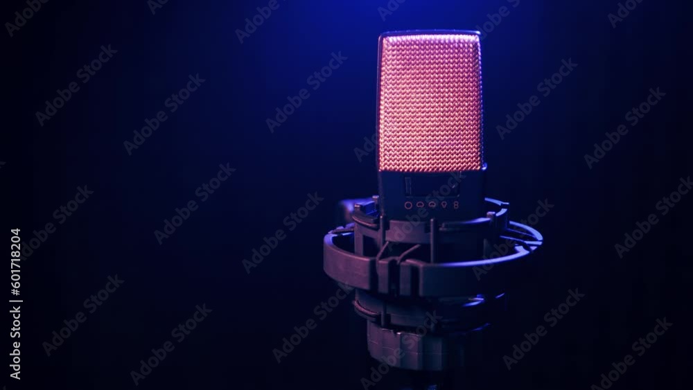 Studio microphone in neon lights. microphone, music, sound, record, mic