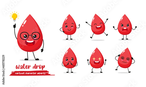 funny blood drop cartoon with many expressions. different blood drop activity vector illustration flat design.