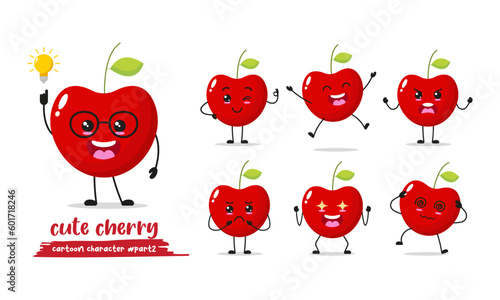 funny red cherry cartoon with many expressions. different fruit activity vector illustration flat design. funny cherry for children story book.