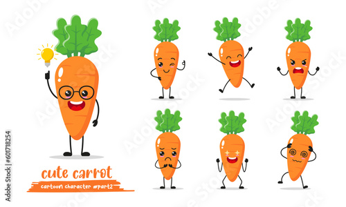 Carrot cartoon with many expressions. different Vegetable activity vector illustration flat design. smart carrot for children story book.