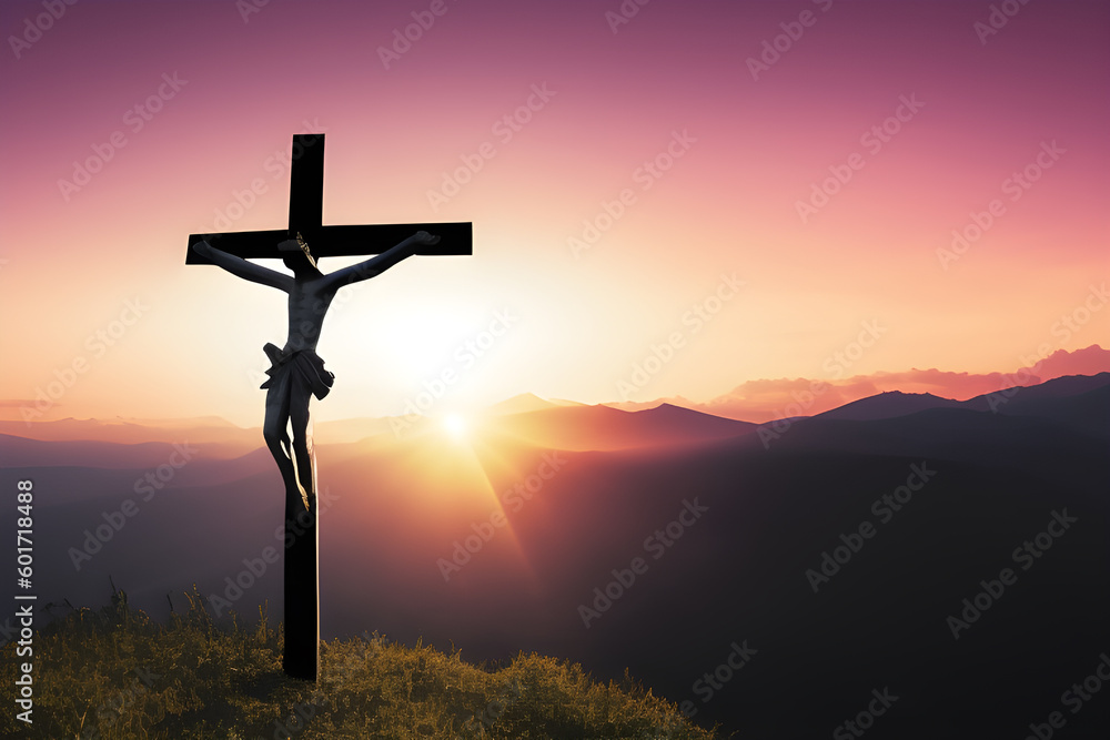 Jesus cross in the sunset. Generative AI