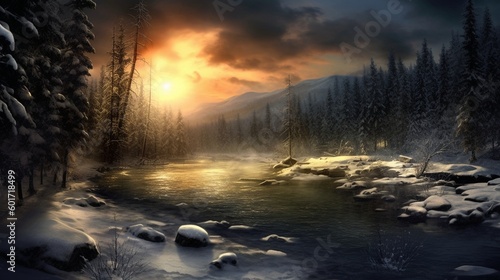 A beautiful river in a twilight snow-covered forest Generative AI © NeuroSky