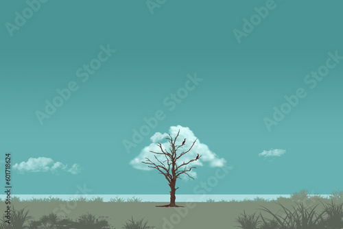 Cormorants sit in a lleafless  tree  next to a lake and a drifting cloud appears to be the leaves on the tree in a 3-d illustration about nature and the environment.