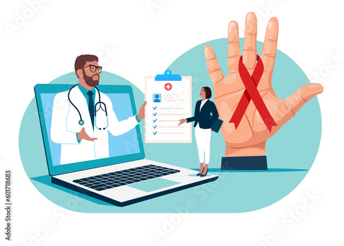 Online doctor consultate with a patient. Examination and treatment. Internal organ inspection check for illness and problems. Cancer ribbon in human hand. World aids day. Flat vector illustration