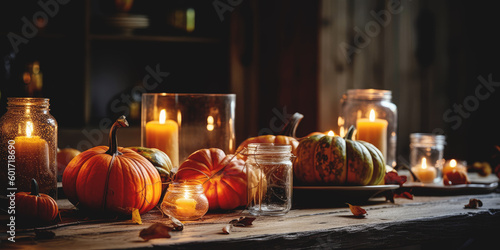 Thanksgiving pumpkins on wooden table decoration © Jasmina