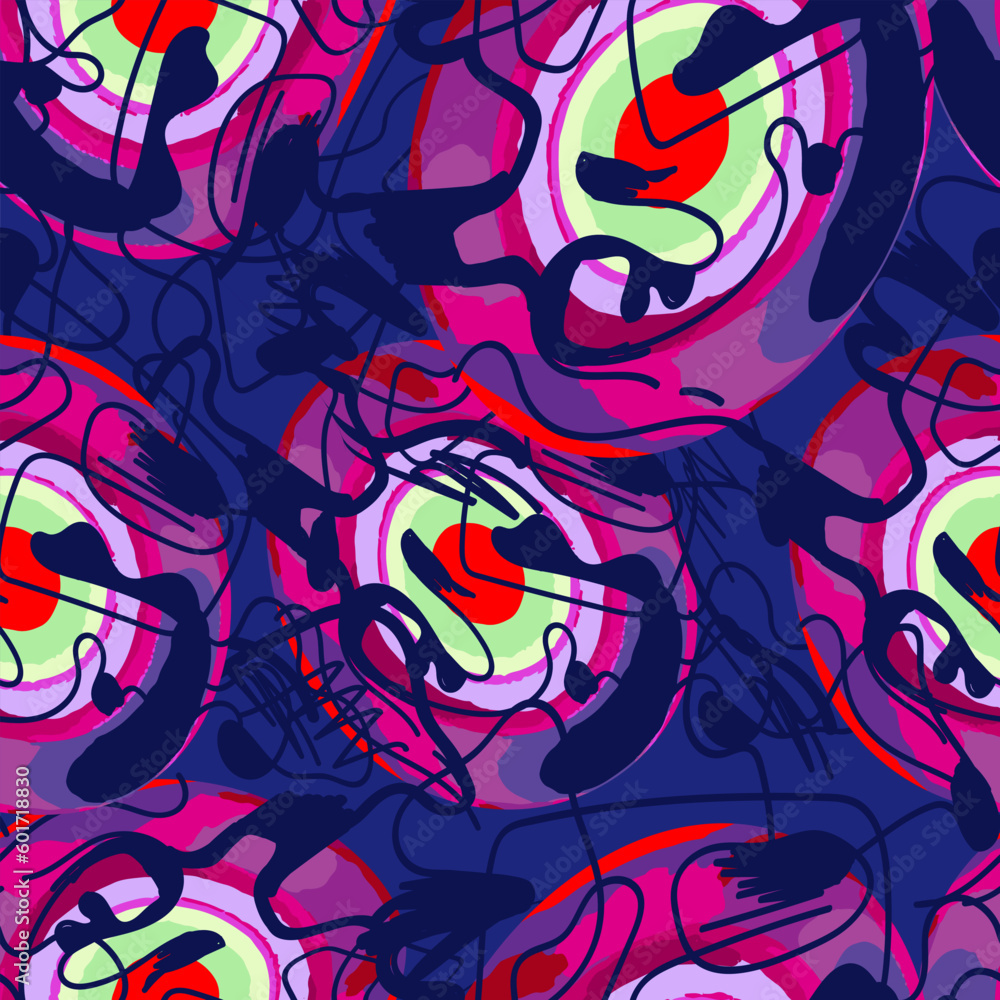 Psychedelic abstract colorful pattern with chaotic rounds and wave lines