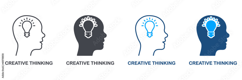 Lightbulb in Human Head, Smart Mind Pictogram. Innovation Science Idea Symbol Collection. Creative Thinking Silhouette and Line Icon Set. Intellectual Process. Isolated Vector Illustration Lightbulb in Human Head, Smart Mind Pictogram. Innovation Science Idea Symbol Collection. Creative Thinking Silhouette and Line Icon Set. Intellectual Process. Isolated Vector Illustration