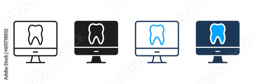 Virtual Consultation for Dental Care. Remote Dentist Help Symbol Collection. Online Dentistry Silhouette and Line Icon Set. Tooth Health Diagnosis in Computer Pictogram. Isolated Vector Illustration