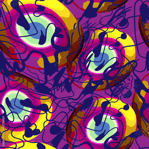 Psychedelic abstract colorful pattern with chaotic rounds and wave lines