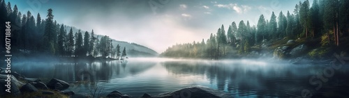 A beautiful forest lake with morning haze over the water in the rays of the morning sun. High quality illustration Generative AI © NeuroSky