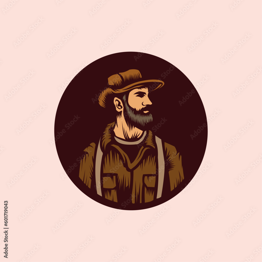 Lumberjack man with hat and beard company vector logo