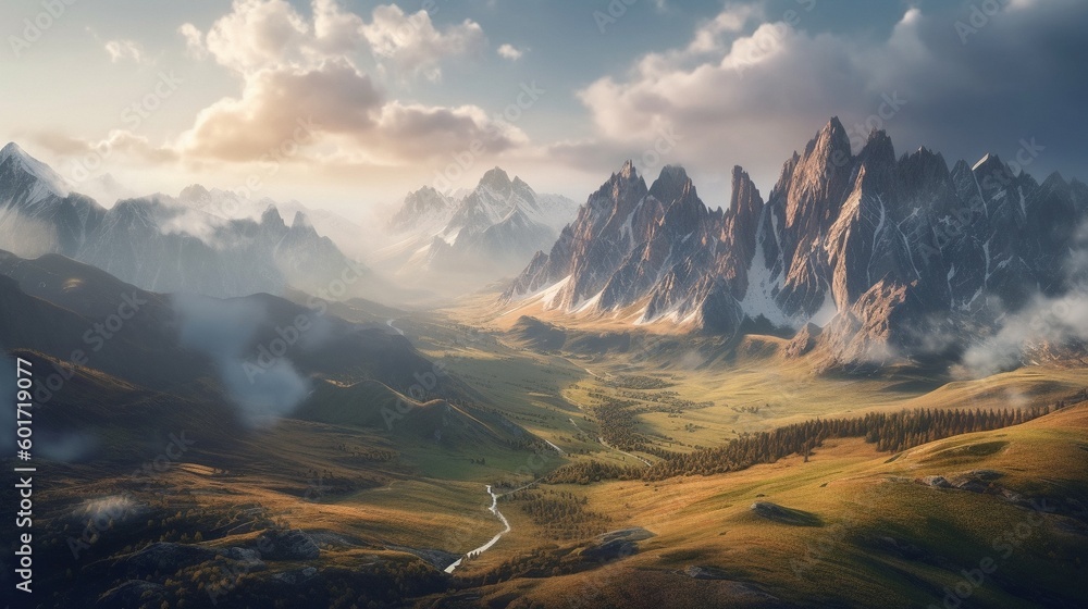 An epic fantasy illustration with an extensive view of the mountains and high-altitude plains in the spirit of classic fantasy Generative AI