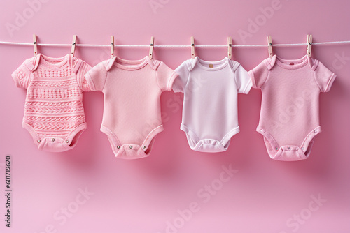 Baby newborn girl pink bodysuits on a line on pink background. Laundry day, baby clothes, baby shower theme, it's a girl greeting card template. AI generated