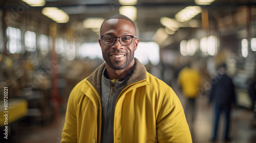 Portrait of a black man who smiles and stands inside an industrial, modern factory in a yellow sweater. Shot at a focal length of 85mm. AI generated. Generative AI