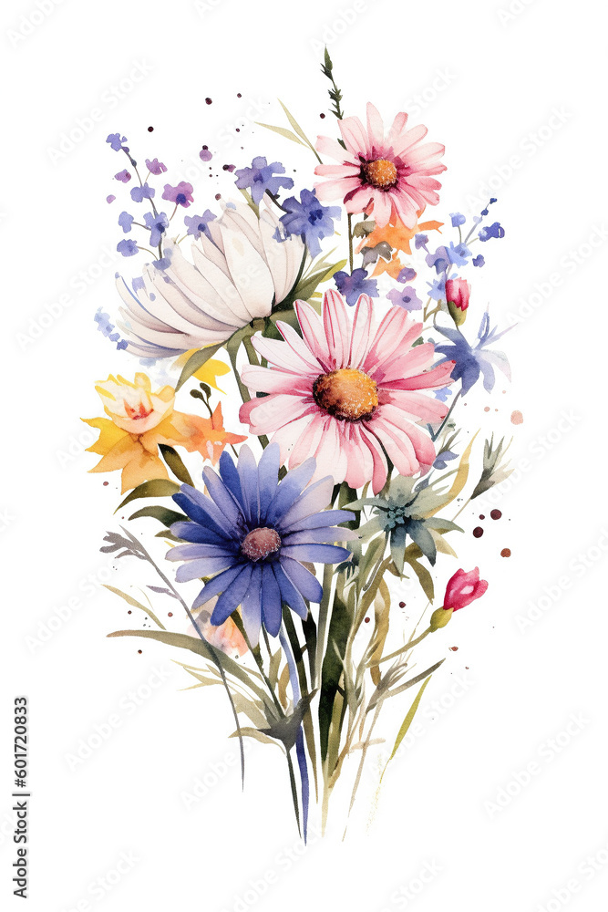 wildflower bundle isolated, watercolor on completely white background, pastel colors, format 2:3 