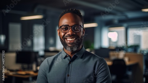 Portrait of a dark-skinned adult man who smiles and stands in the office. AI generated. Generative AI © ALA