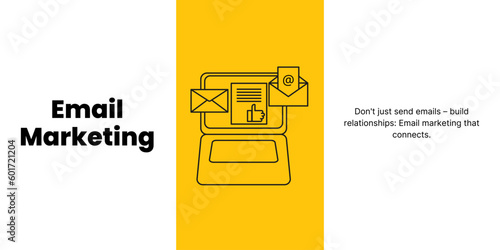 Email Marketing Banner on White and Yellow Background. Stylish Marketing Banner with Black Text and Icons for Business and Marketing