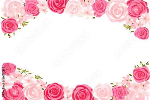 Pink roses frame on white background. Generative AI