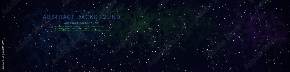 Abstract background chaotic poly grid with dots and lines in chaotic web on dark. Plexus wireframe concept in virtual space. Banner horizontal for business, science and technology. Big Data. Abstract background chaotic poly grid with dots and lines in chaotic web on dark. Plexus wireframe concept in virtual space. Banner horizontal for business, science and technology. Big Data.